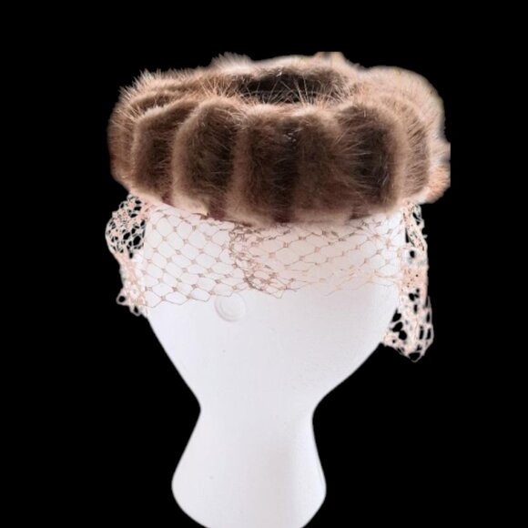 Mid-Century Vintage Beresford Netted Pillbox Hat Beige/Brown Mink - Picture 4 of 8